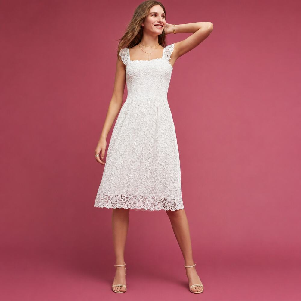 Maeve by Anthropologie Midi Dress Anastasi Lace Smocked Sleeveless White Small
